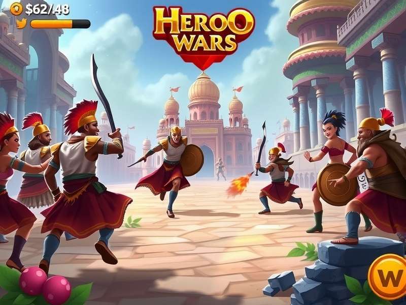 Hero Wars game interface showing hero collection and battle preparation screens