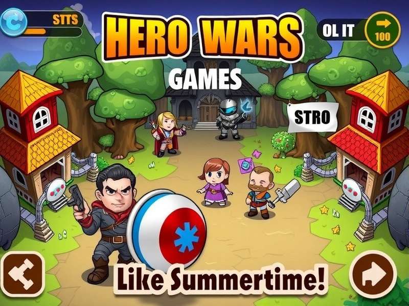 Hero Wars summer event showcasing heroes in beach outfits battling on a tropical coastline