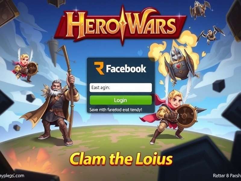 Step-by-step visual guide showing Hero Wars login via Facebook on mobile and desktop